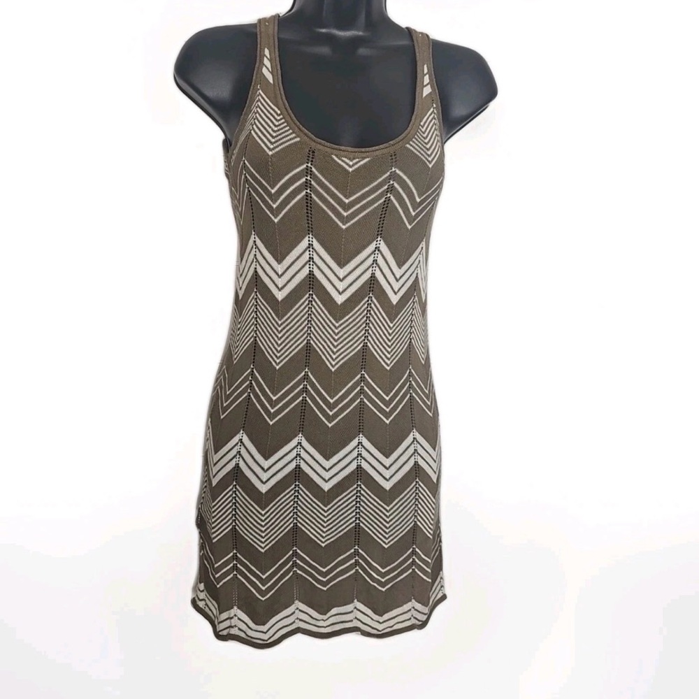 BCBGMaxAzria Tan and Cream Zigzag Midi Dress silk blend